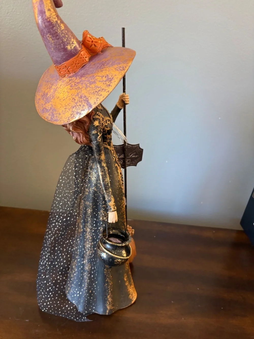 Bella Lux Halloween Witch Figurine Statue Black Gold Damask Dress Cauldron Broom